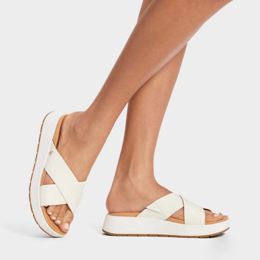 UGG Emily white leather criss cross platform slide sandals women’s 9.5